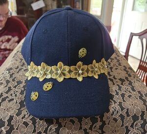 Navy Blue Cap with Yellow Floral and Ladybug Design